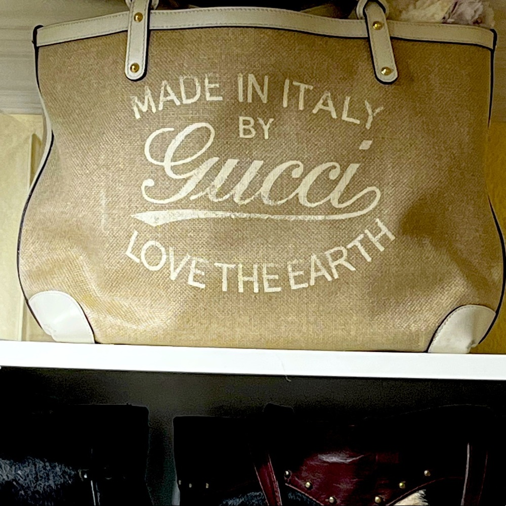 Gucci canvas w white leather authentic tote
